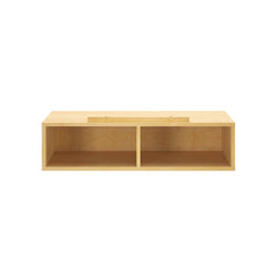 Wall-mounted wooden shelf with two compartments for home storage.