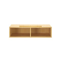 Wooden wall-mounted shelf with two compartments for home storage.