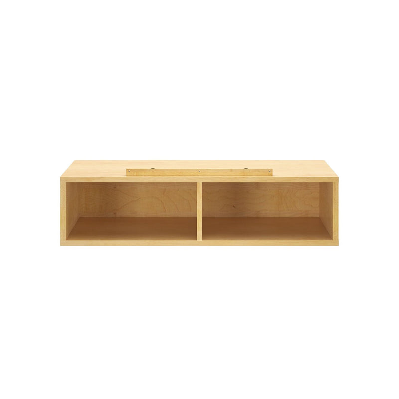 Wooden wall-mounted shelf with two compartments for home storage.
