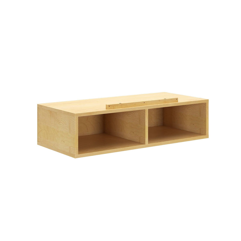 Natural wood finish floating shelf with open storage spaces for modern home decor.