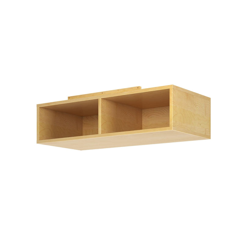 Wooden wall-mounted shelf unit with two open compartments, ideal for home storage and organization.