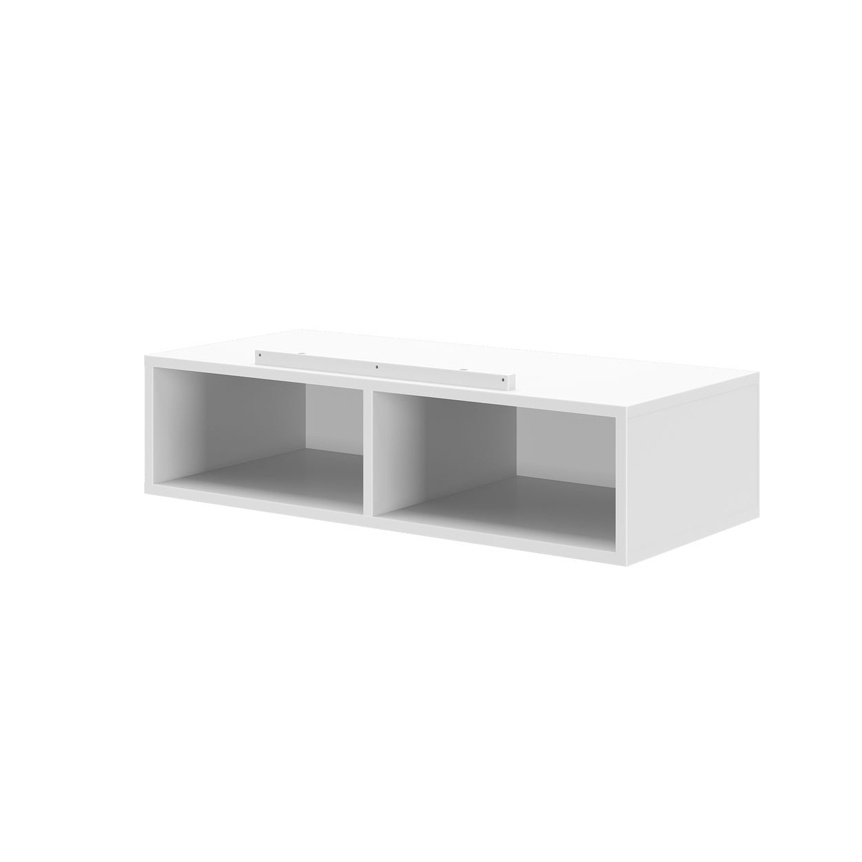 White wall-mounted shelf with two open compartments for storage and organization.
