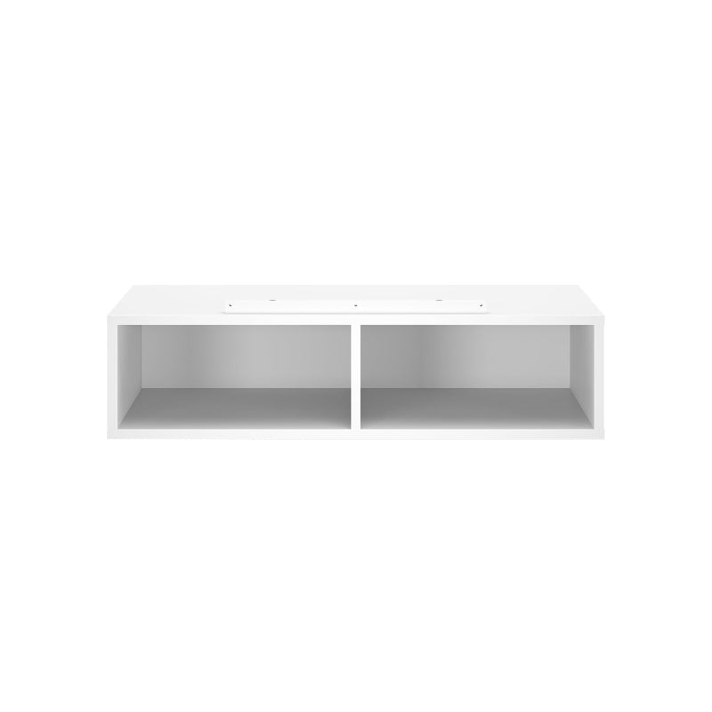 White wall-mounted floating shelf with two compartments for modern home decor and storage.