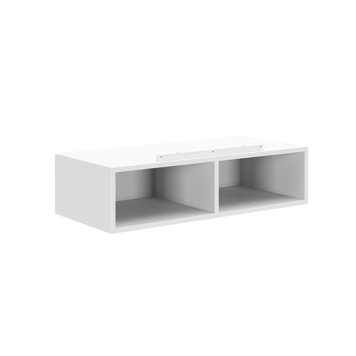 Modern white wall-mounted storage cabinet with two open compartments.