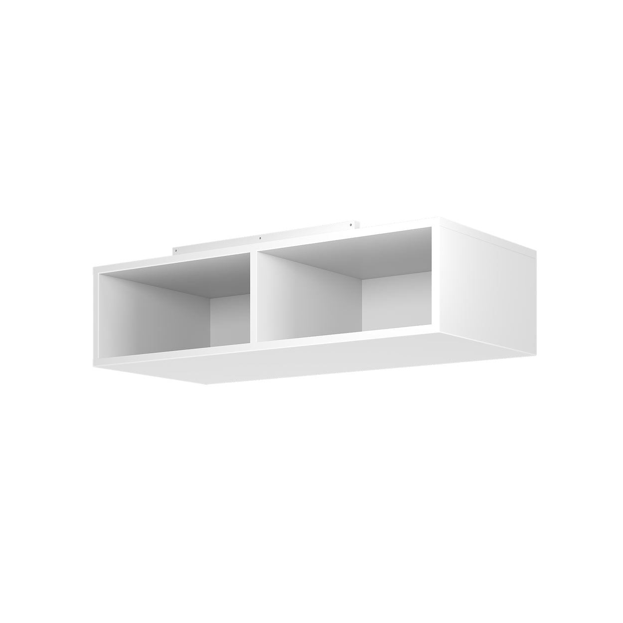 White wall-mounted storage shelf with two open compartments for home organization.