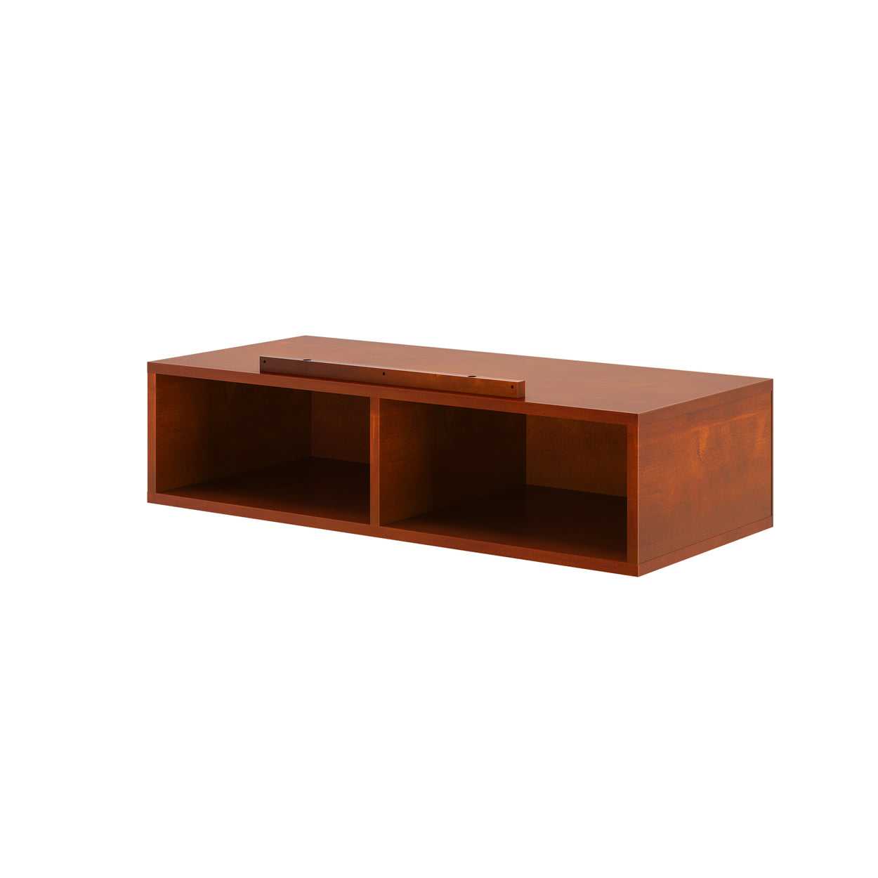 Wooden wall-mounted floating shelf with two compartments for home storage.