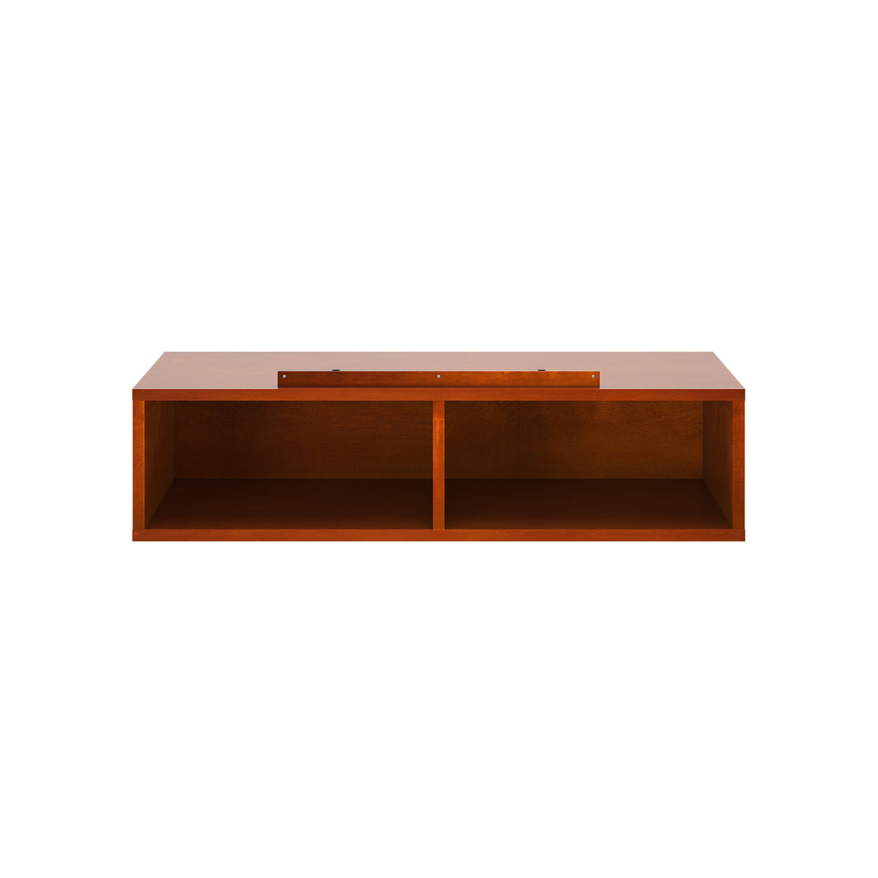 Wooden floating shelf with two open compartments for wall-mounted storage solutions.