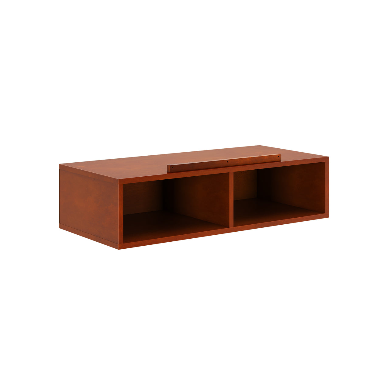 Wooden floating wall-mounted shelf with two open storage compartments.