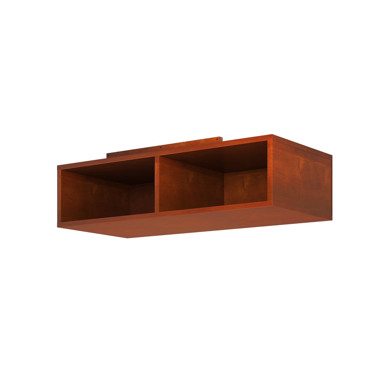 Wooden wall-mounted storage shelf with two compartments for home or office organization.