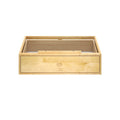 Natural wood storage box with drawer, front view on white background.