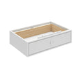 White wooden drawer with knob handle, open and empty, showing internal compartments for storage organization.