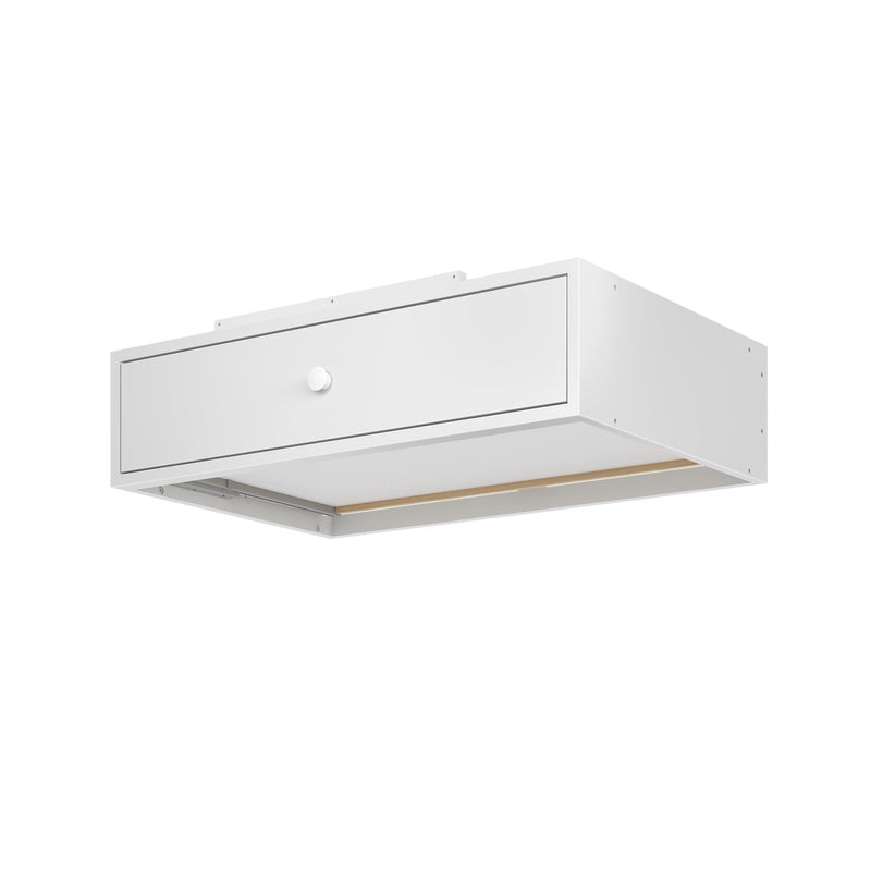 White under-cabinet kitchen vent hood with drawer for modern home kitchens.