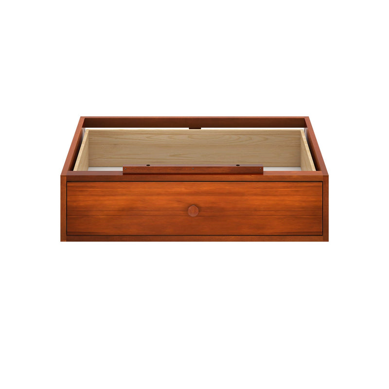 Wooden storage drawer unit with a polished finish, perfect for bedroom organization.