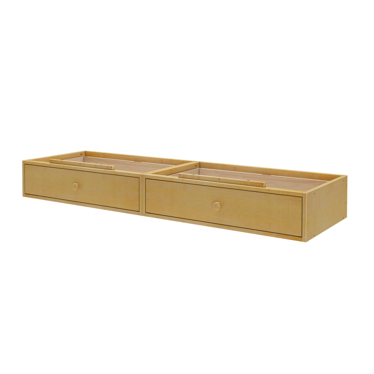 Wooden under-bed storage drawers with natural finish for efficient organization.