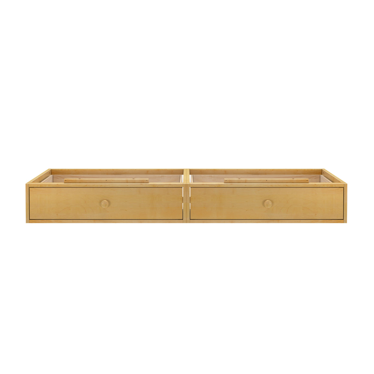 Under-bed storage drawer in natural wood finish with dual compartments.