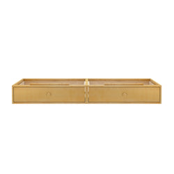 Under-bed storage drawer in natural wood finish with dual compartments.