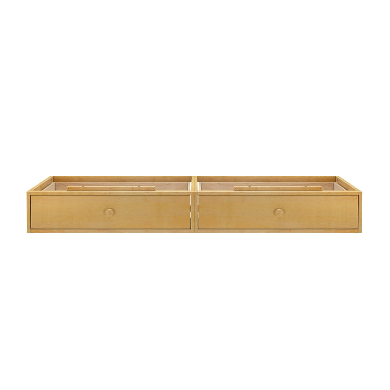 Under-bed storage drawer in natural wood finish with dual compartments.