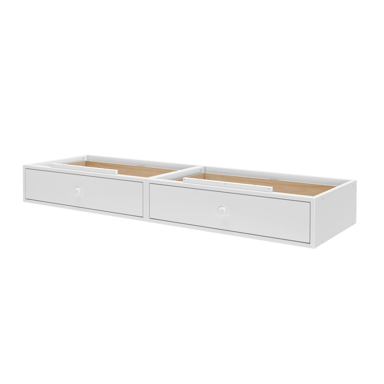White wooden underbed storage drawer with two compartments.