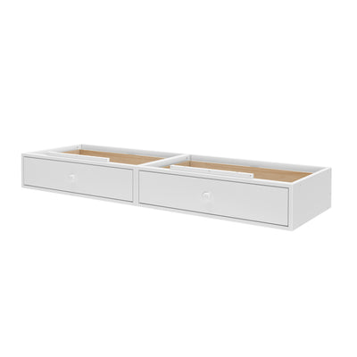 White wooden underbed storage drawer with two compartments.