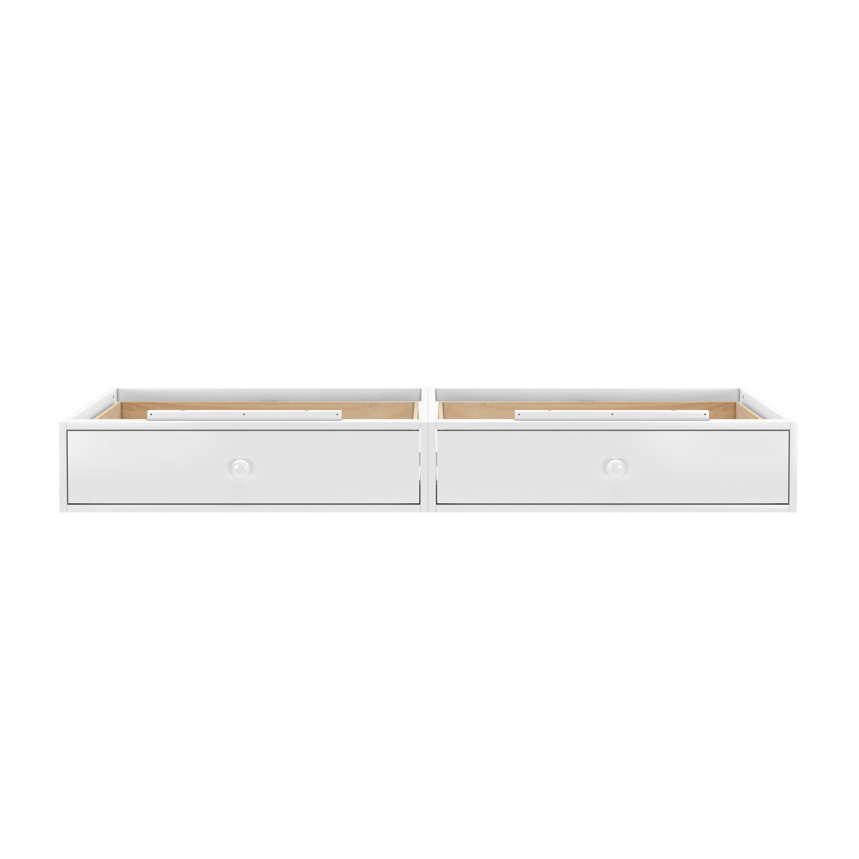 White under-bed storage drawers with handles for bedroom organization and space-saving.