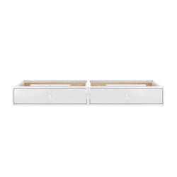 White under-bed storage drawers with handles for bedroom organization and space-saving.
