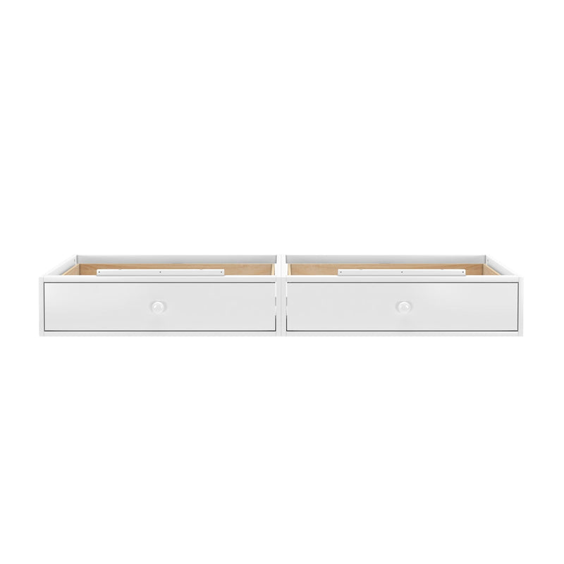 White under-bed storage drawers with handles for bedroom organization and space-saving.