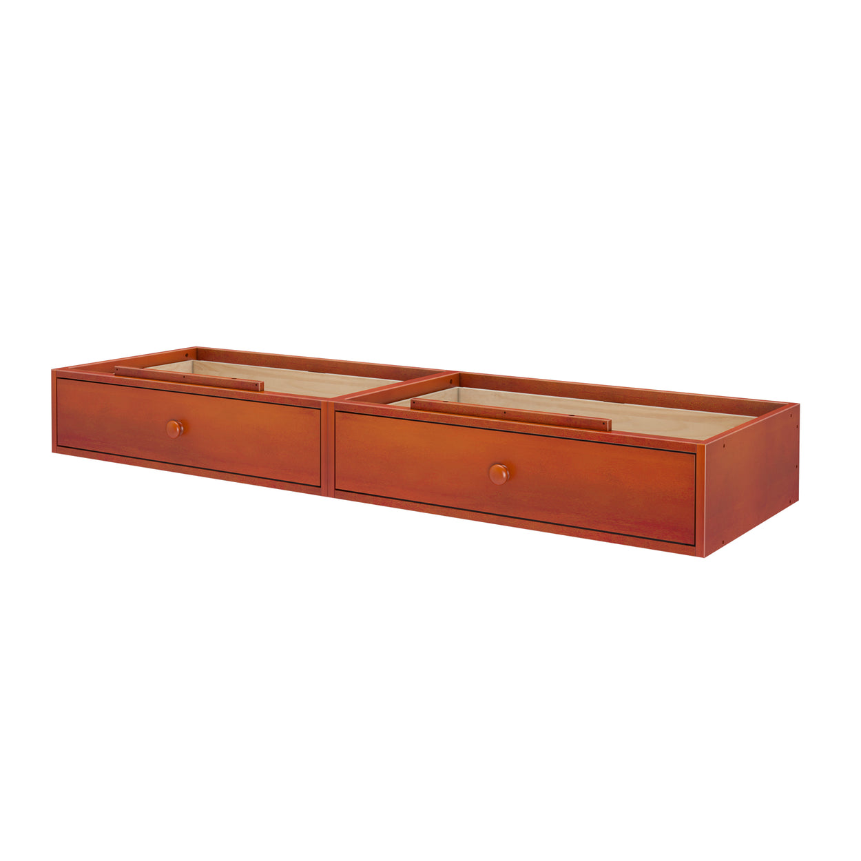 Wooden under-bed storage drawers for bedroom organization.