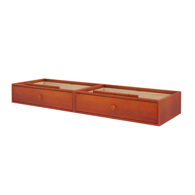 Wooden under-bed storage drawers for bedroom organization.