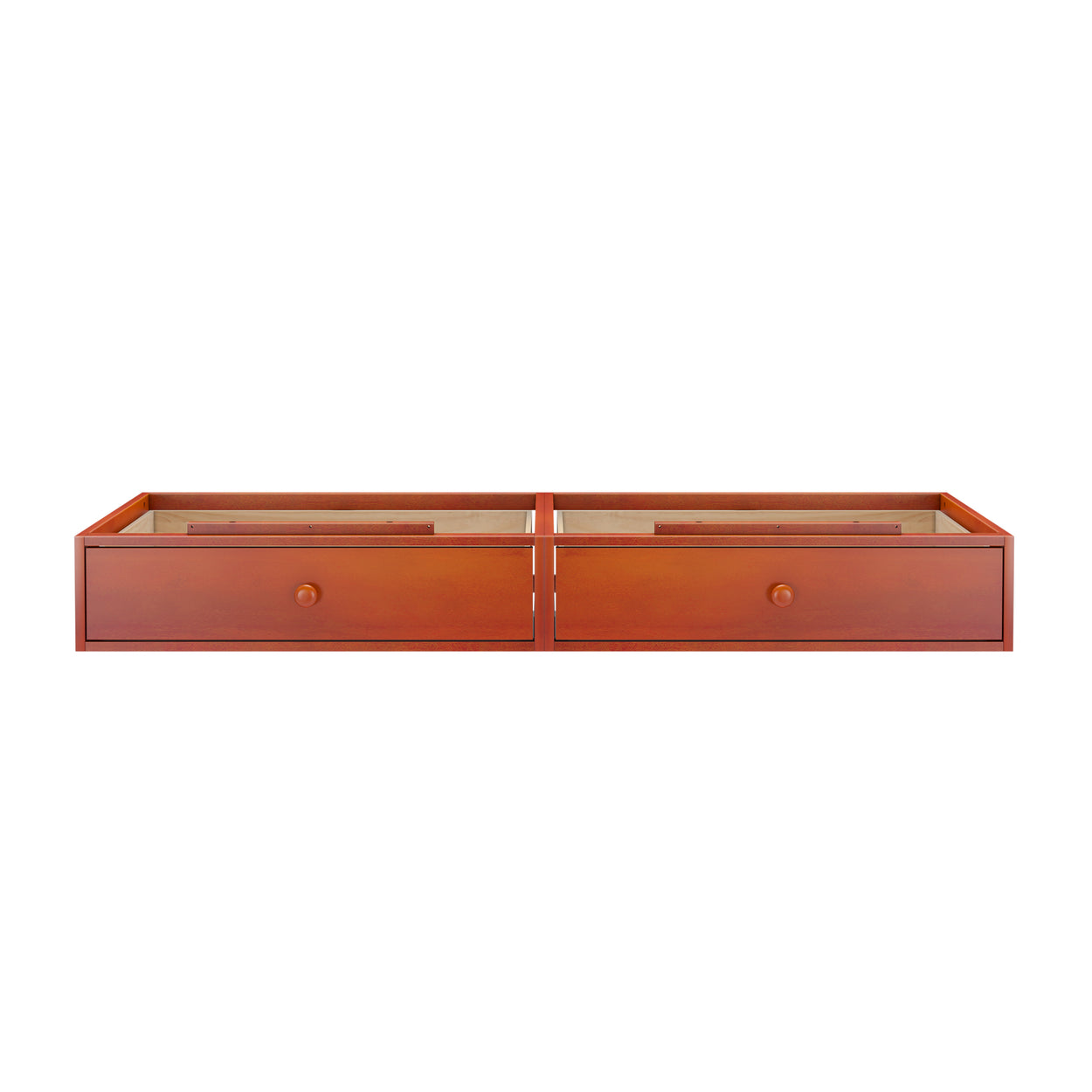 Wooden under-bed storage drawers with knobs, perfect for saving space in the bedroom.
