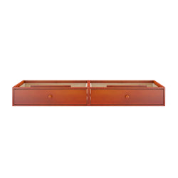 Wooden under-bed storage drawers with knobs, perfect for saving space in the bedroom.