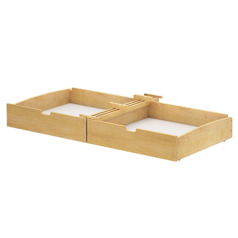 Natural wood trundle drawer for under-bed storage solutions.