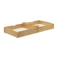 Wooden trundle bed frame for kids with storage space and natural finish.