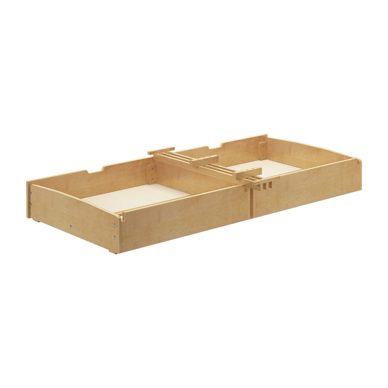 Wooden trundle bed frame for kids with storage space and natural finish.