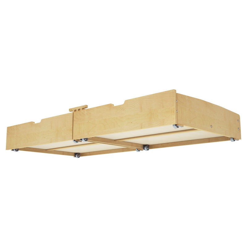 Underbed storage drawer with wheels in natural wood finish for space-saving organization.