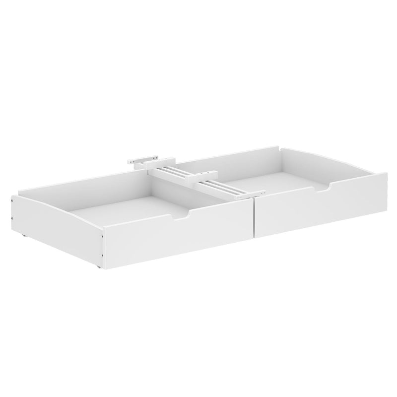 Expandable white storage drawer with compartments for efficient organization.