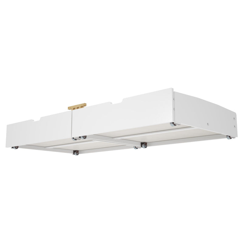 Under-bed storage drawer on wheels for space-saving organization.
