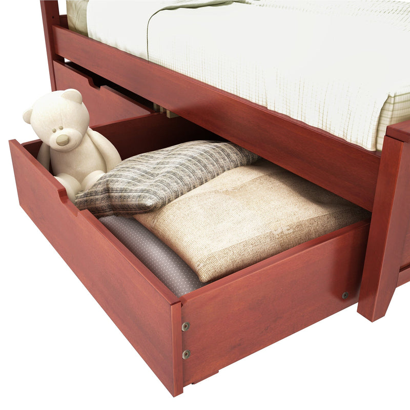 Underbed storage drawer with teddy bear and blankets in a wooden bed frame.