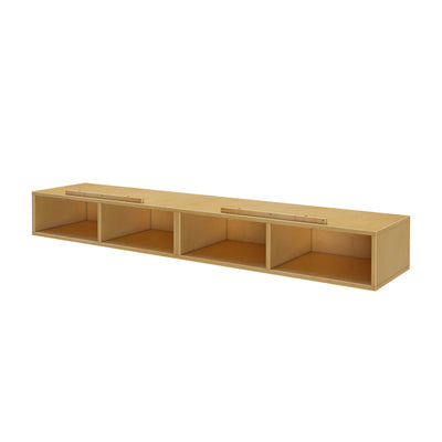 Wooden wall-mounted storage shelf with four open compartments for organized home storage.