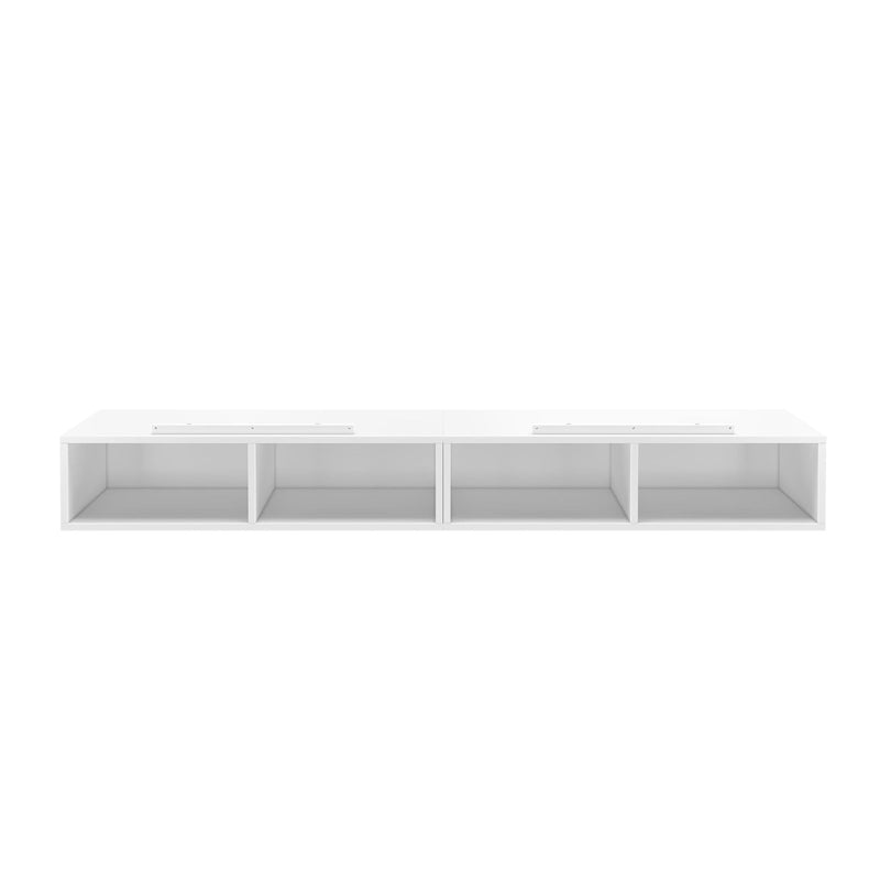 White floating wall cabinet with four open shelves for modern home storage solutions.