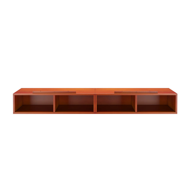 Wooden wall-mounted bookshelf with three open compartments for storage.