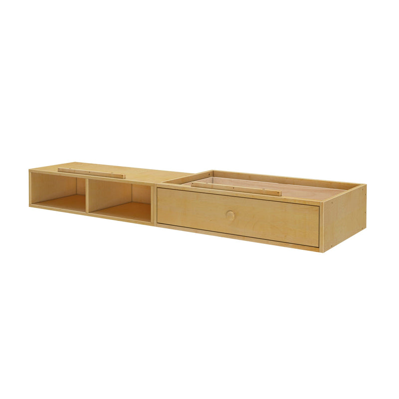 Wooden under-bed storage unit with open shelves and drawer.