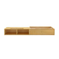 Modern wooden media console with open shelves and drawer for storage.
