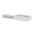 White wood wall-mounted shelf with storage compartments and drawer.