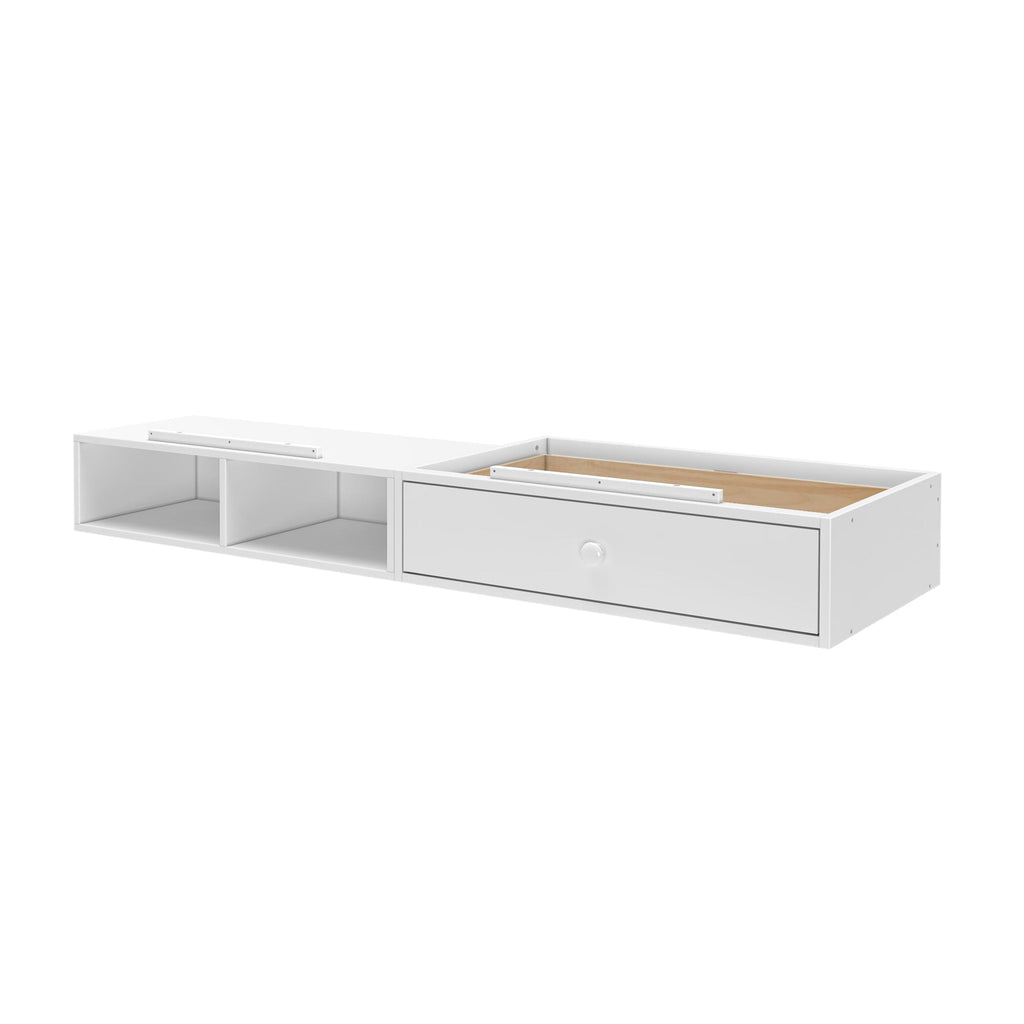 White wood wall-mounted shelf with storage compartments and drawer.