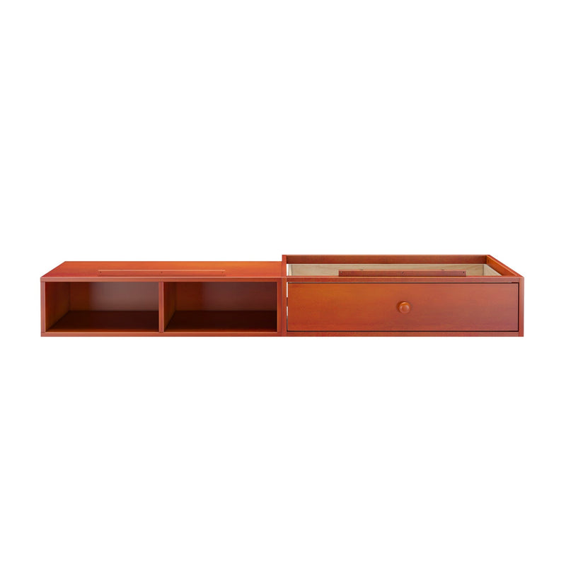 Decorative wooden wall shelf unit with open compartments and drawer for home organization and storage.