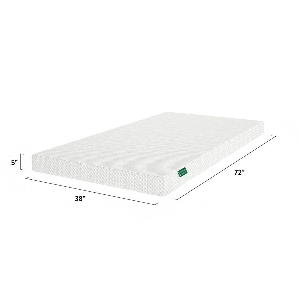 Single-size memory foam mattress with dimensions 72x38x5 inches, ideal for comfortable sleep.
