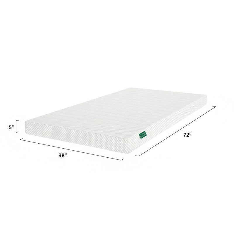 Single-size memory foam mattress with dimensions 72x38x5 inches, ideal for comfortable sleep.