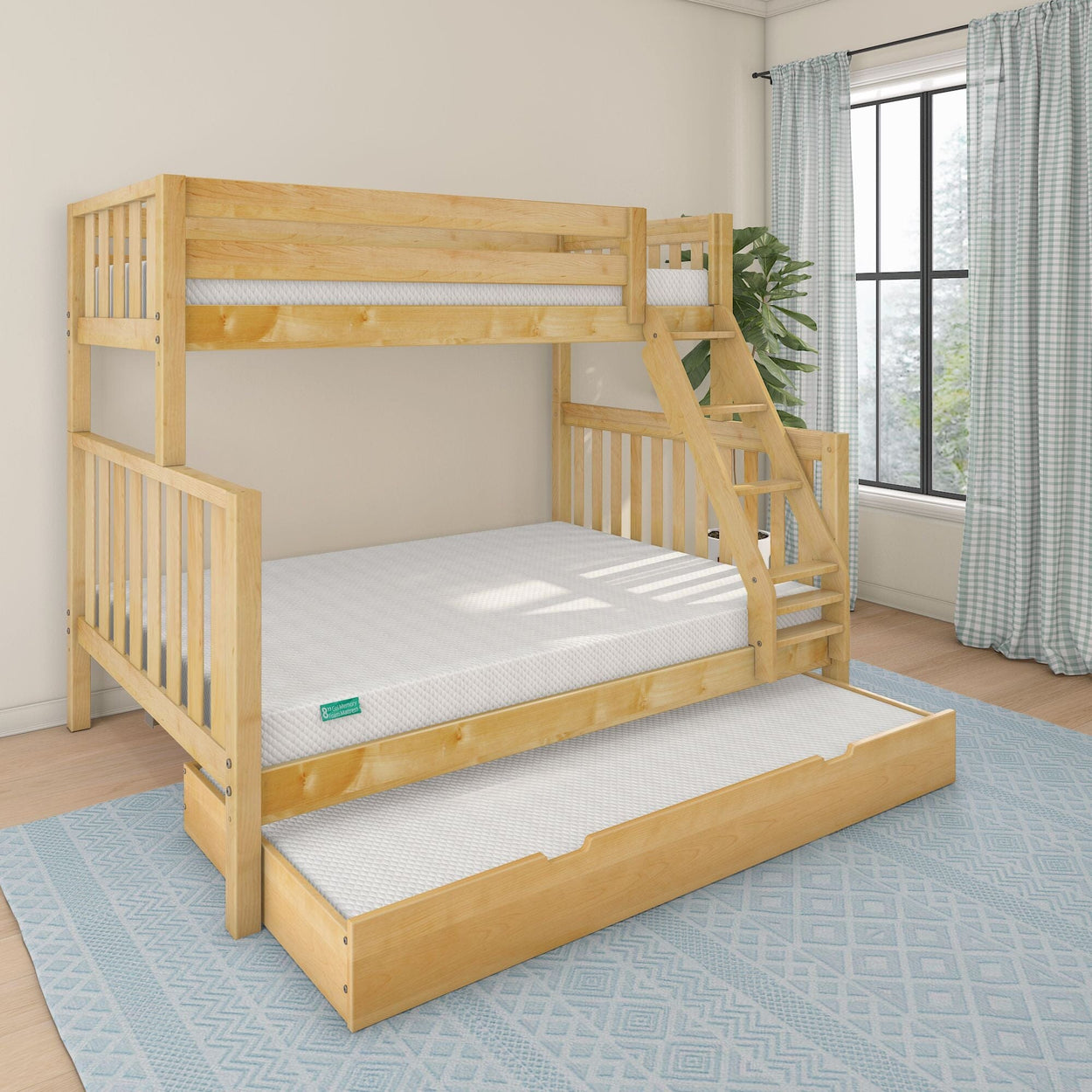 Wooden bunk bed with pull-out trundle in a bright bedroom, featuring blue patterned rug and large window with curtains.