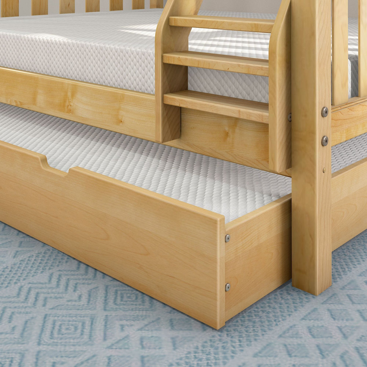Wooden bunk bed with integrated storage drawers and ladder on blue patterned carpet.