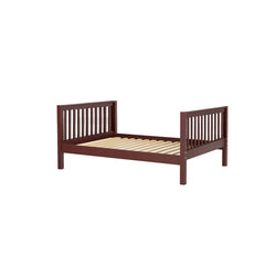 Wooden full-size bed frame with slatted headboard and footboard in a rich brown finish.